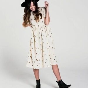 Rylee and Cru birds linen cream brown sparrows dress M